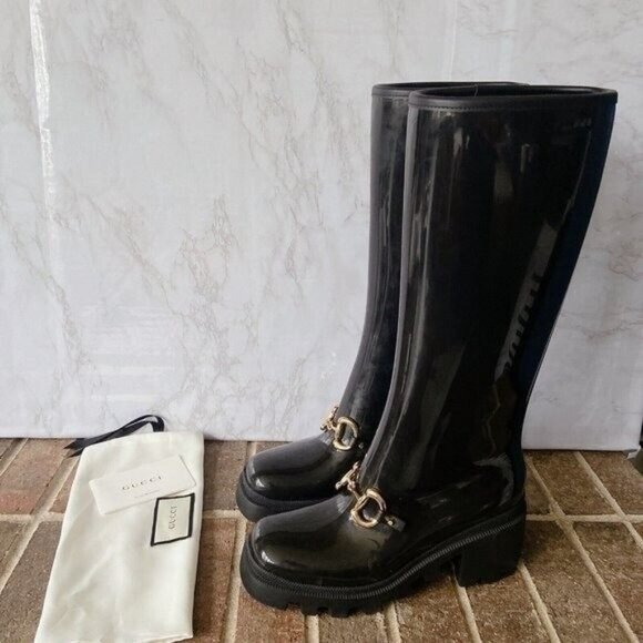 Gucci Horsebit Trip Lug Platform Heel Knee High Waterproof Rain Boot Black EU 37 - Picture 3 of 16